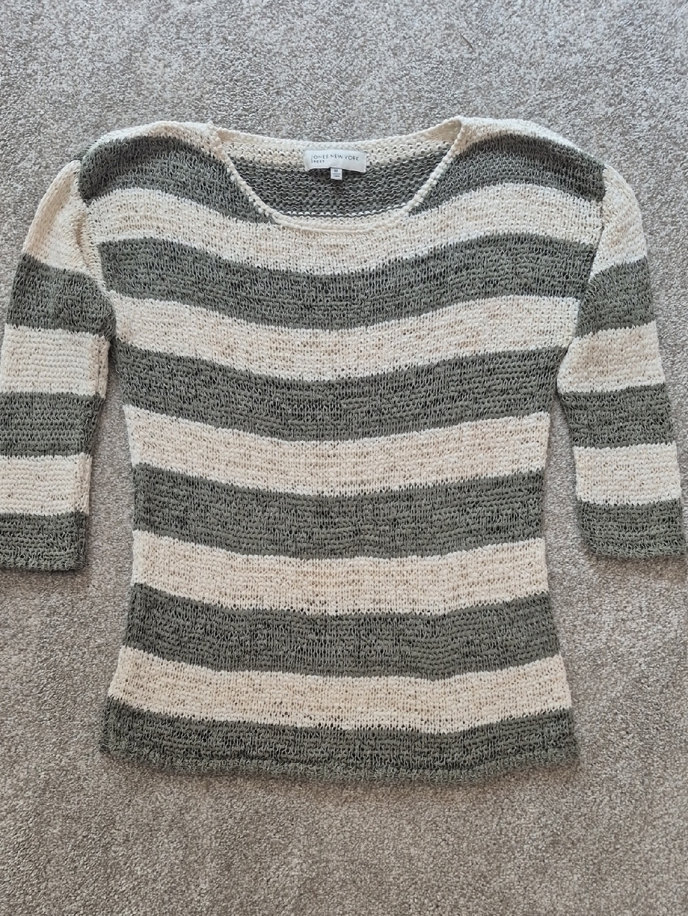 LOFT Striped Open-Weave Sweater in Olive Green and Cream